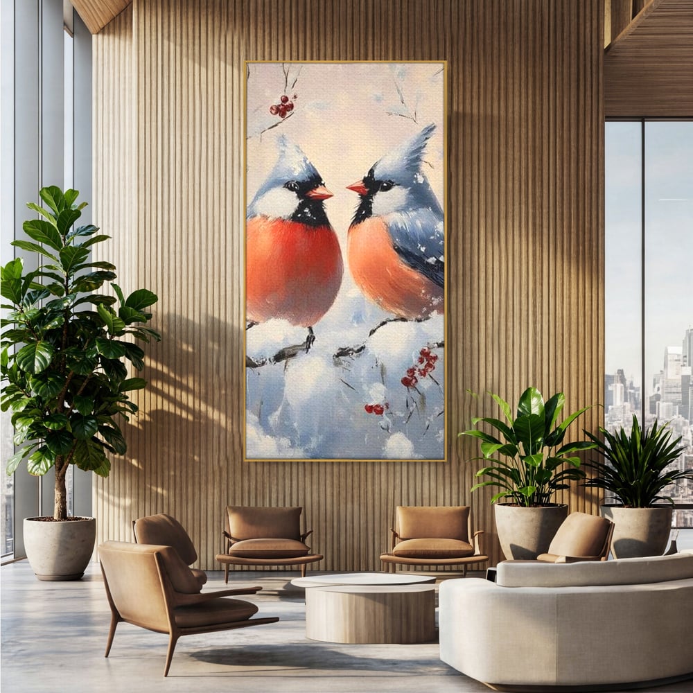 Tablou Canvas Premium, LuxCanva® D1109, Iubire Printre Fulgi, Cantec, Pereche, Iarna, Natura, Padure, Copac, Ramura, Cardinali, Cuplu, Iubire, Armonie, Pace, Zapada, Living, Dormitor