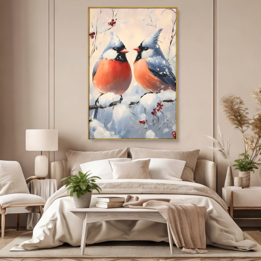 Tablou Canvas Premium, LuxCanva® D1109, Iubire Printre Fulgi, Cantec, Pereche, Iarna, Natura, Padure, Copac, Ramura, Cardinali, Cuplu, Iubire, Armonie, Pace, Zapada, Living, Dormitor
