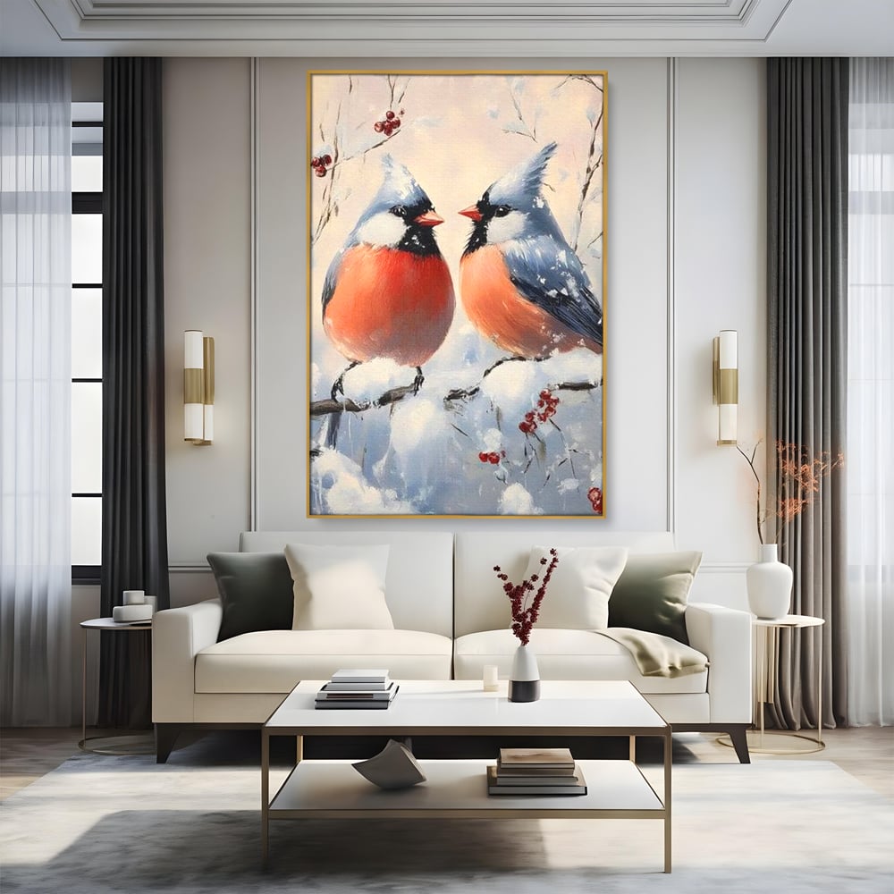 Tablou Canvas Premium, LuxCanva® D1109, Iubire Printre Fulgi, Cantec, Pereche, Iarna, Natura, Padure, Copac, Ramura, Cardinali, Cuplu, Iubire, Armonie, Pace, Zapada, Living, Dormitor