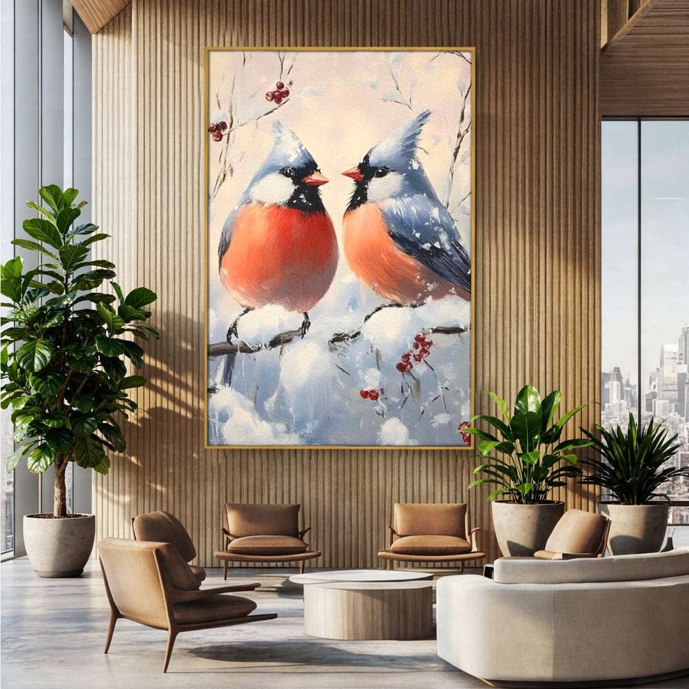 Tablou Canvas Premium, LuxCanva® D1109, Iubire Printre Fulgi, Cantec, Pereche, Iarna, Natura, Padure, Copac, Ramura, Cardinali, Cuplu, Iubire, Armonie, Pace, Zapada, Living, Dormitor