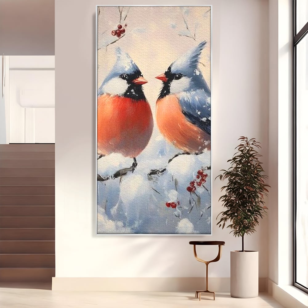 Tablou Canvas Premium, LuxCanva® D1109, Iubire Printre Fulgi, Cantec, Pereche, Iarna, Natura, Padure, Copac, Ramura, Cardinali, Cuplu, Iubire, Armonie, Pace, Zapada, Living, Dormitor
