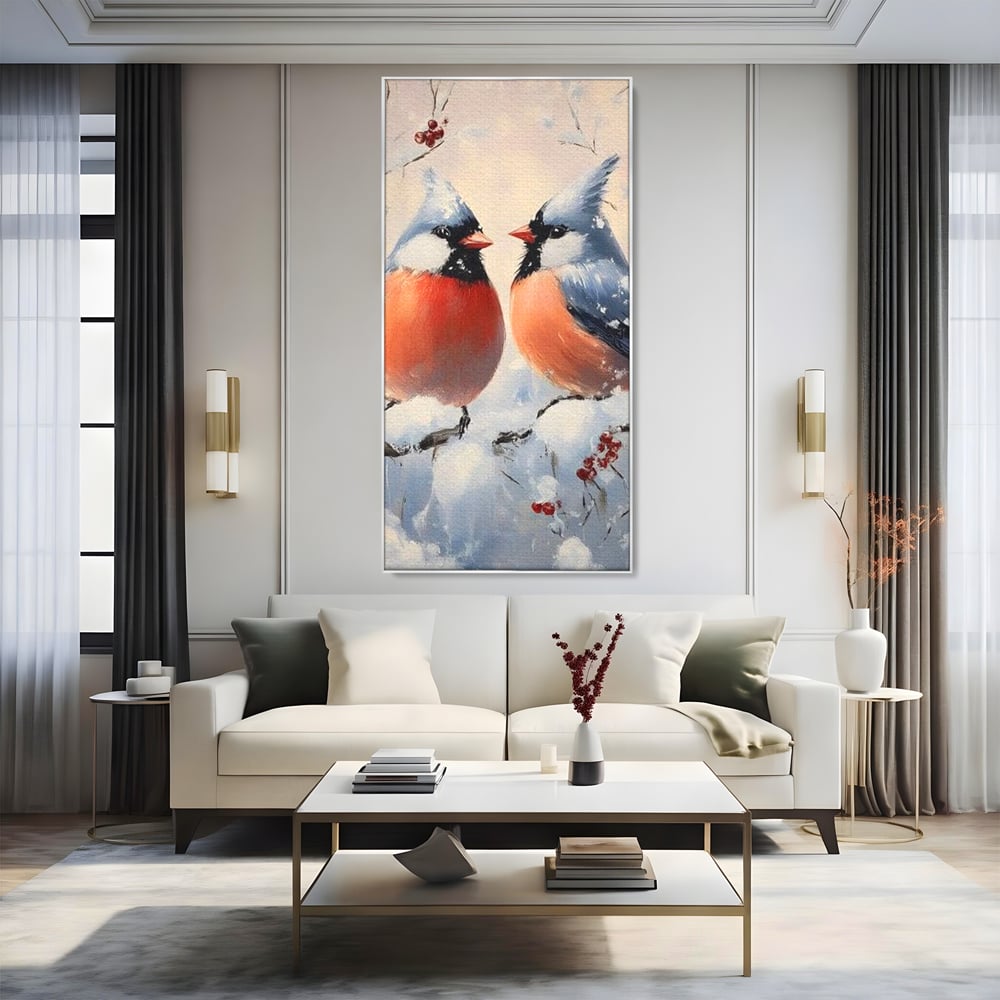 Tablou Canvas Premium, LuxCanva® D1109, Iubire Printre Fulgi, Cantec, Pereche, Iarna, Natura, Padure, Copac, Ramura, Cardinali, Cuplu, Iubire, Armonie, Pace, Zapada, Living, Dormitor