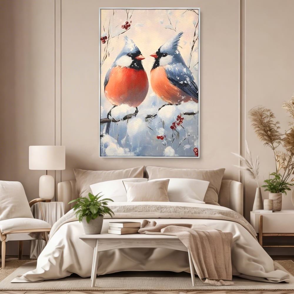 Tablou Canvas Premium, LuxCanva® D1109, Iubire Printre Fulgi, Cantec, Pereche, Iarna, Natura, Padure, Copac, Ramura, Cardinali, Cuplu, Iubire, Armonie, Pace, Zapada, Living, Dormitor