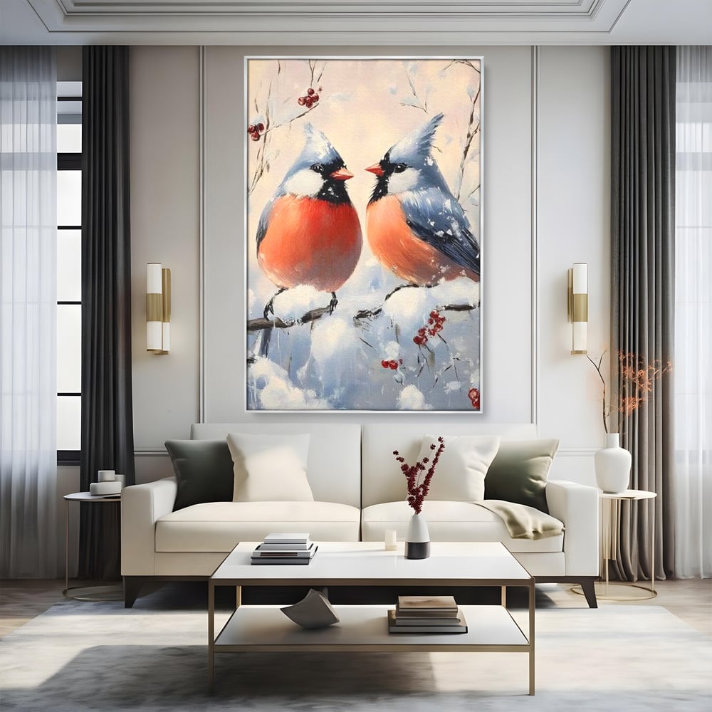 Tablou Canvas Premium, LuxCanva® D1109, Iubire Printre Fulgi, Cantec, Pereche, Iarna, Natura, Padure, Copac, Ramura, Cardinali, Cuplu, Iubire, Armonie, Pace, Zapada, Living, Dormitor