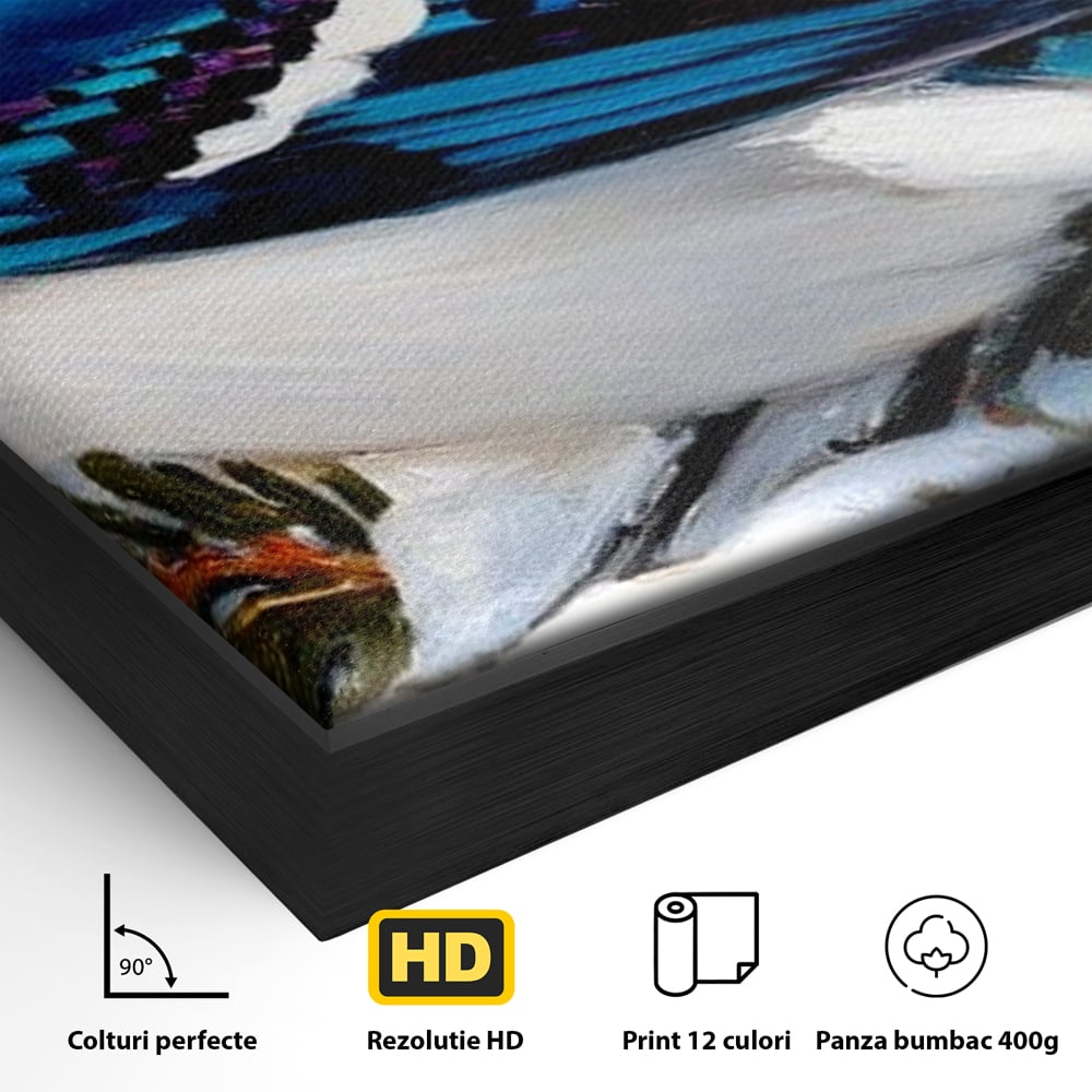 Tablou Canvas Premium, LuxCanva® D1110, Melodia Albastrului Ceresc, Cantec, Albastru, Pasare, Ramura, Iarna, Natura, Pene, Brazi, Ger, Stralucire, Cer, Echilibru, Living, Dormitor