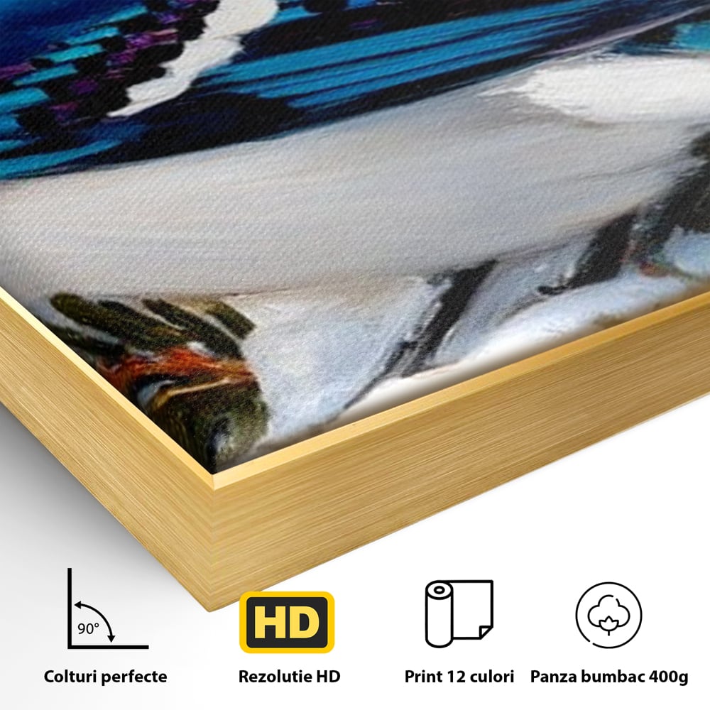 Tablou Canvas Premium, LuxCanva® D1110, Melodia Albastrului Ceresc, Cantec, Albastru, Pasare, Ramura, Iarna, Natura, Pene, Brazi, Ger, Stralucire, Cer, Echilibru, Living, Dormitor