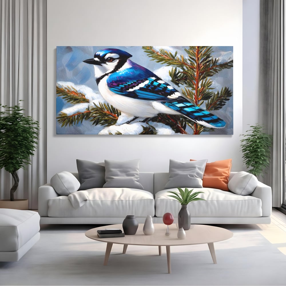 Tablou Canvas Premium, LuxCanva® D1110, Melodia Albastrului Ceresc, Cantec, Albastru, Pasare, Ramura, Iarna, Natura, Pene, Brazi, Ger, Stralucire, Cer, Echilibru, Living, Dormitor