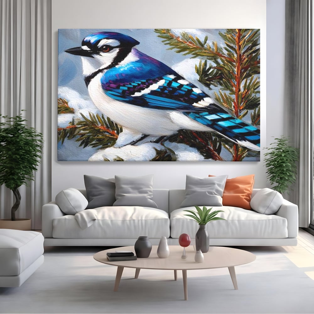 Tablou Canvas Premium, LuxCanva® D1110, Melodia Albastrului Ceresc, Cantec, Albastru, Pasare, Ramura, Iarna, Natura, Pene, Brazi, Ger, Stralucire, Cer, Echilibru, Living, Dormitor