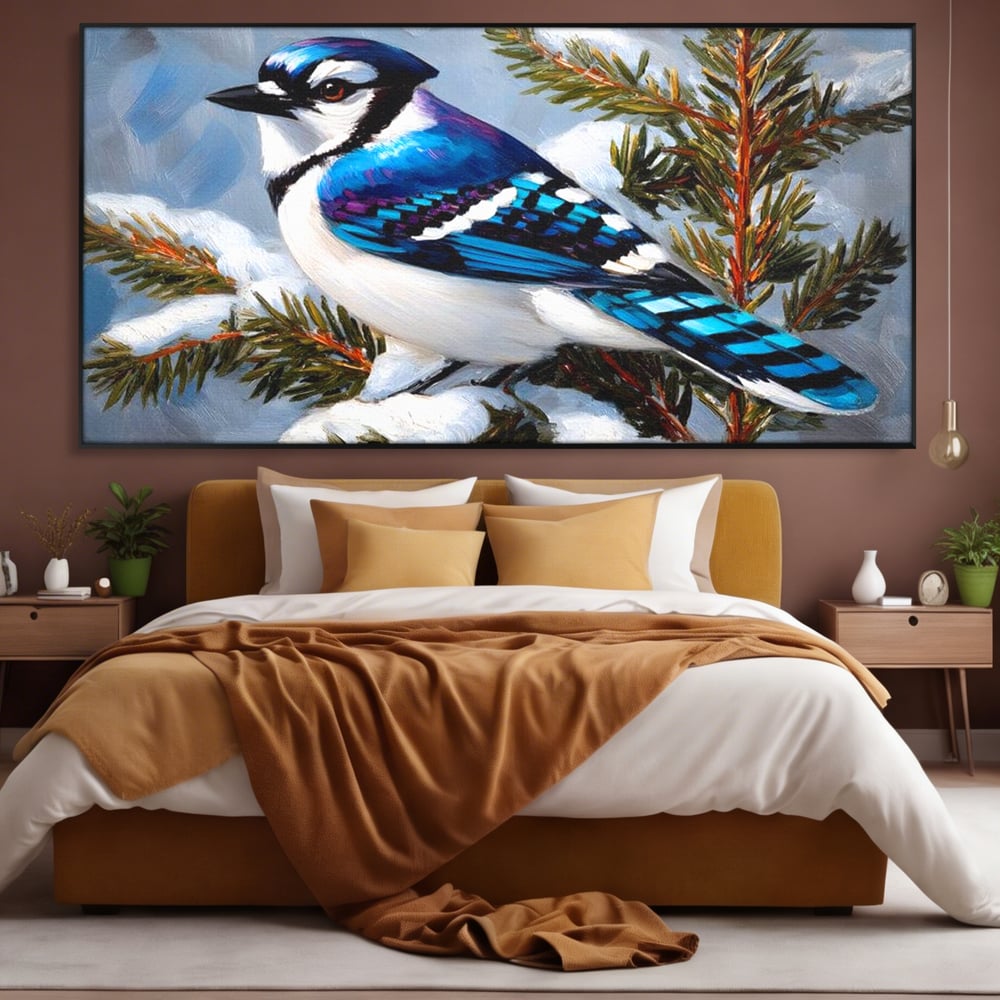 Tablou Canvas Premium, LuxCanva® D1110, Melodia Albastrului Ceresc, Cantec, Albastru, Pasare, Ramura, Iarna, Natura, Pene, Brazi, Ger, Stralucire, Cer, Echilibru, Living, Dormitor