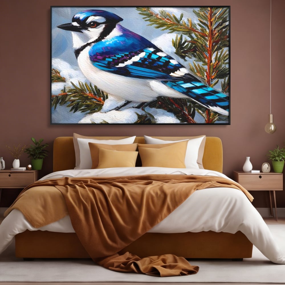 Tablou Canvas Premium, LuxCanva® D1110, Melodia Albastrului Ceresc, Cantec, Albastru, Pasare, Ramura, Iarna, Natura, Pene, Brazi, Ger, Stralucire, Cer, Echilibru, Living, Dormitor