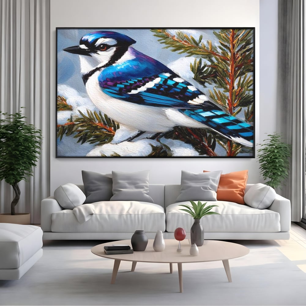 Tablou Canvas Premium, LuxCanva® D1110, Melodia Albastrului Ceresc, Cantec, Albastru, Pasare, Ramura, Iarna, Natura, Pene, Brazi, Ger, Stralucire, Cer, Echilibru, Living, Dormitor