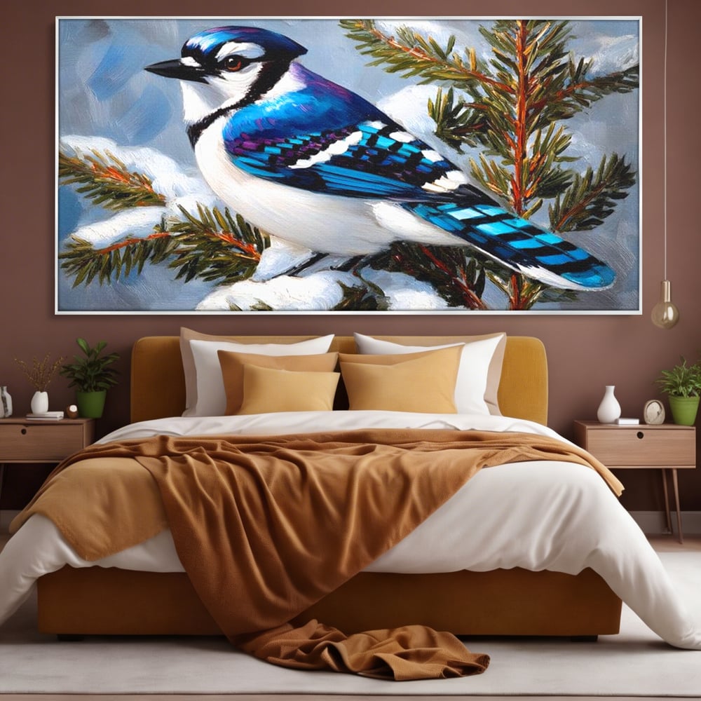 Tablou Canvas Premium, LuxCanva® D1110, Melodia Albastrului Ceresc, Cantec, Albastru, Pasare, Ramura, Iarna, Natura, Pene, Brazi, Ger, Stralucire, Cer, Echilibru, Living, Dormitor