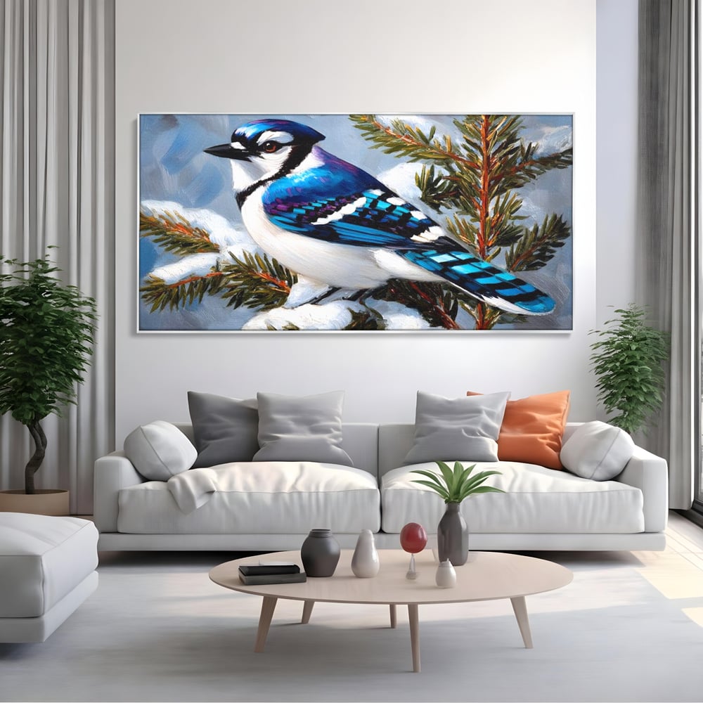 Tablou Canvas Premium, LuxCanva® D1110, Melodia Albastrului Ceresc, Cantec, Albastru, Pasare, Ramura, Iarna, Natura, Pene, Brazi, Ger, Stralucire, Cer, Echilibru, Living, Dormitor