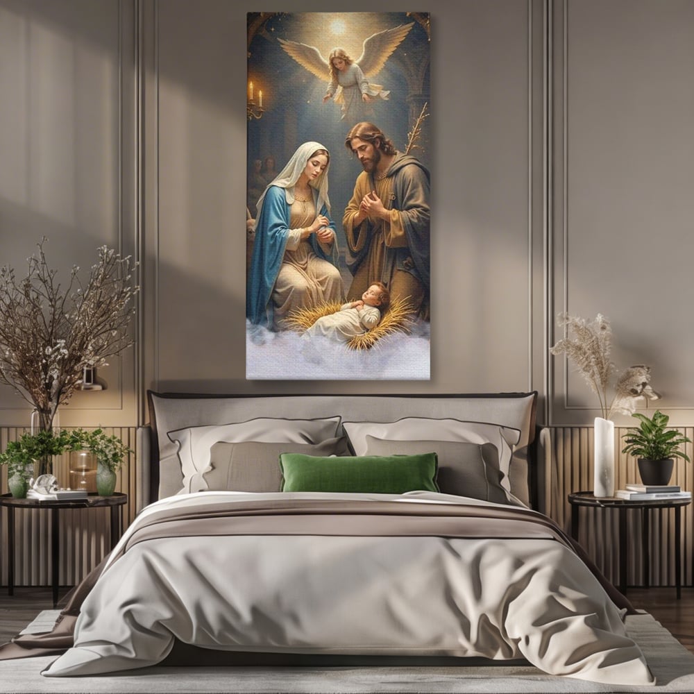 Tablou Canvas Premium, LuxCanva® D1112, Sfanta Familie, Liniste, Nastere, Betleem, Miracol, Craciun, Mantuitor, Isus, Inger, Fecioara, Maria, Iosif, Leagan, Prunc, Credinta, Har, Living, Dormitor