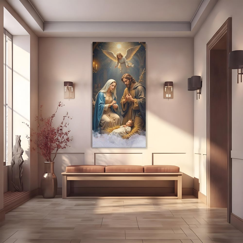 Tablou Canvas Premium, LuxCanva® D1112, Sfanta Familie, Liniste, Nastere, Betleem, Miracol, Craciun, Mantuitor, Isus, Inger, Fecioara, Maria, Iosif, Leagan, Prunc, Credinta, Har, Living, Dormitor