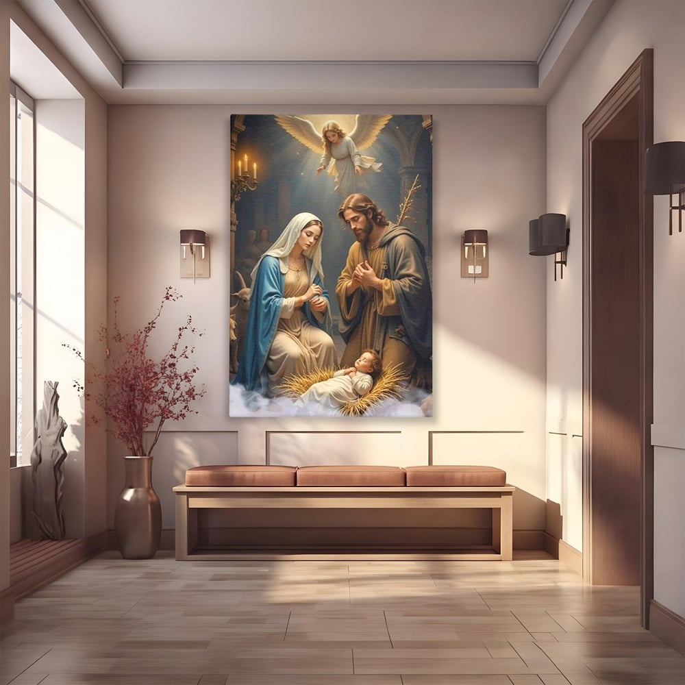 Tablou Canvas Premium, LuxCanva® D1112, Sfanta Familie, Liniste, Nastere, Betleem, Miracol, Craciun, Mantuitor, Isus, Inger, Fecioara, Maria, Iosif, Leagan, Prunc, Credinta, Har, Living, Dormitor