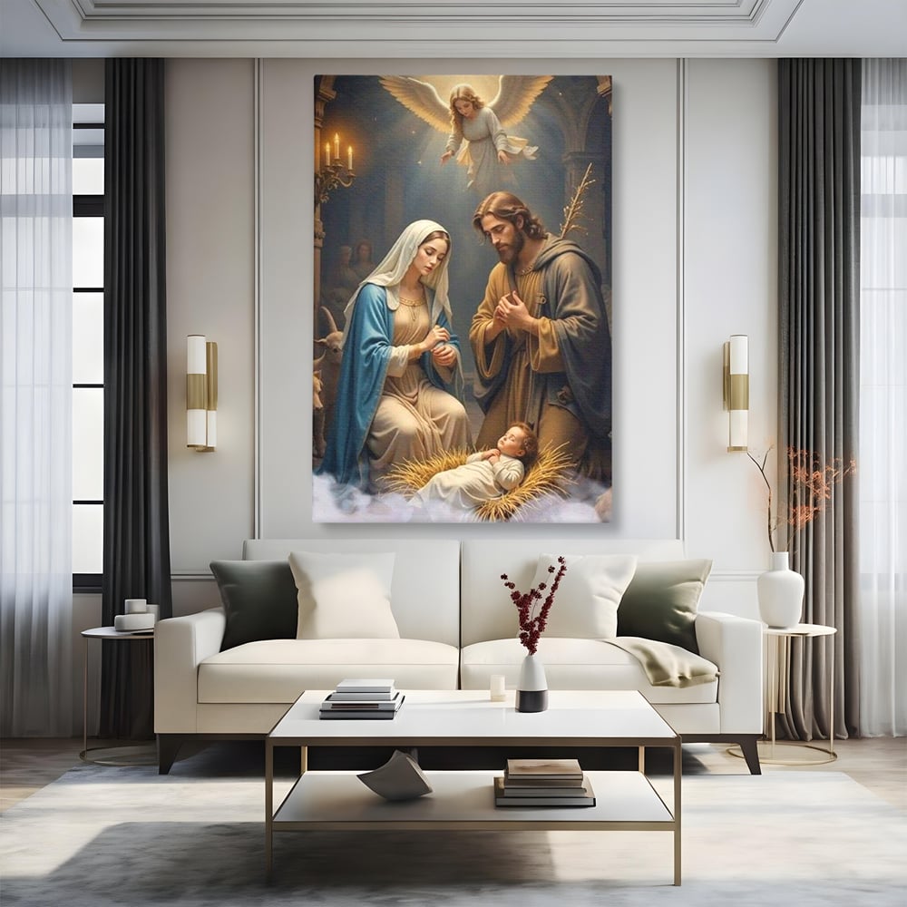 Tablou Canvas Premium, LuxCanva® D1112, Sfanta Familie, Liniste, Nastere, Betleem, Miracol, Craciun, Mantuitor, Isus, Inger, Fecioara, Maria, Iosif, Leagan, Prunc, Credinta, Har, Living, Dormitor
