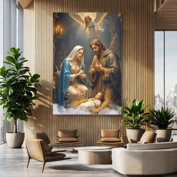 Tablou Canvas Premium, LuxCanva® D1112, Sfanta Familie, Liniste, Nastere, Betleem, Miracol, Craciun, Mantuitor, Isus, Inger, Fecioara, Maria, Iosif, Leagan, Prunc, Credinta, Har, Living, Dormitor