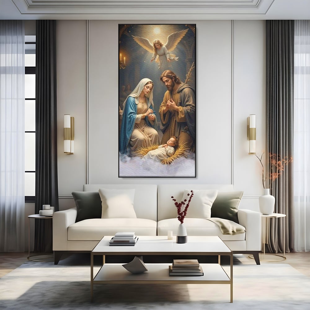 Tablou Canvas Premium, LuxCanva® D1112, Sfanta Familie, Liniste, Nastere, Betleem, Miracol, Craciun, Mantuitor, Isus, Inger, Fecioara, Maria, Iosif, Leagan, Prunc, Credinta, Har, Living, Dormitor