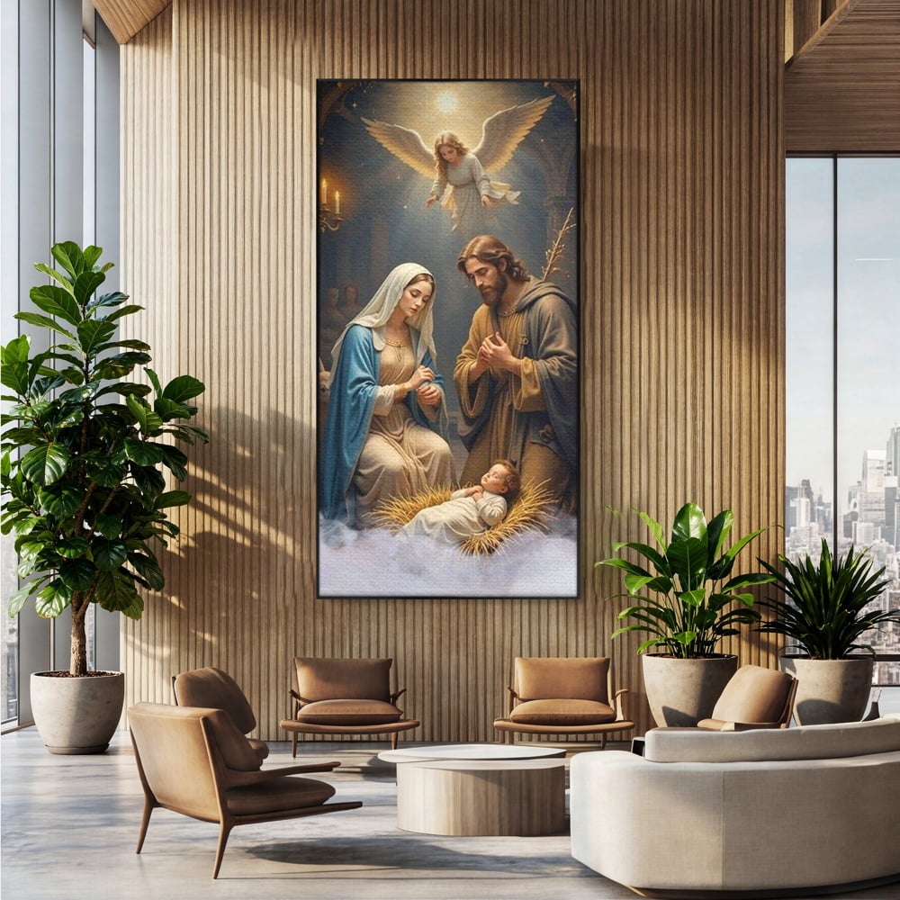 Tablou Canvas Premium, LuxCanva® D1112, Sfanta Familie, Liniste, Nastere, Betleem, Miracol, Craciun, Mantuitor, Isus, Inger, Fecioara, Maria, Iosif, Leagan, Prunc, Credinta, Har, Living, Dormitor