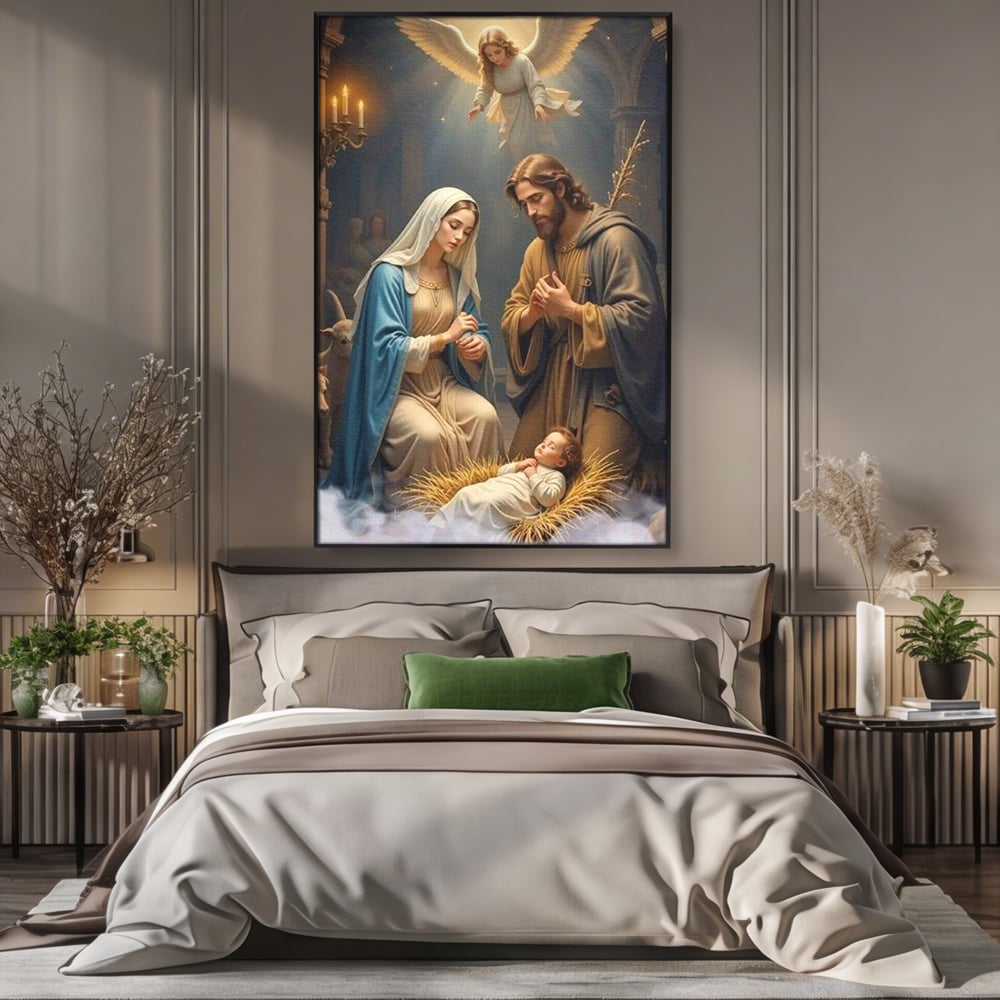 Tablou Canvas Premium, LuxCanva® D1112, Sfanta Familie, Liniste, Nastere, Betleem, Miracol, Craciun, Mantuitor, Isus, Inger, Fecioara, Maria, Iosif, Leagan, Prunc, Credinta, Har, Living, Dormitor