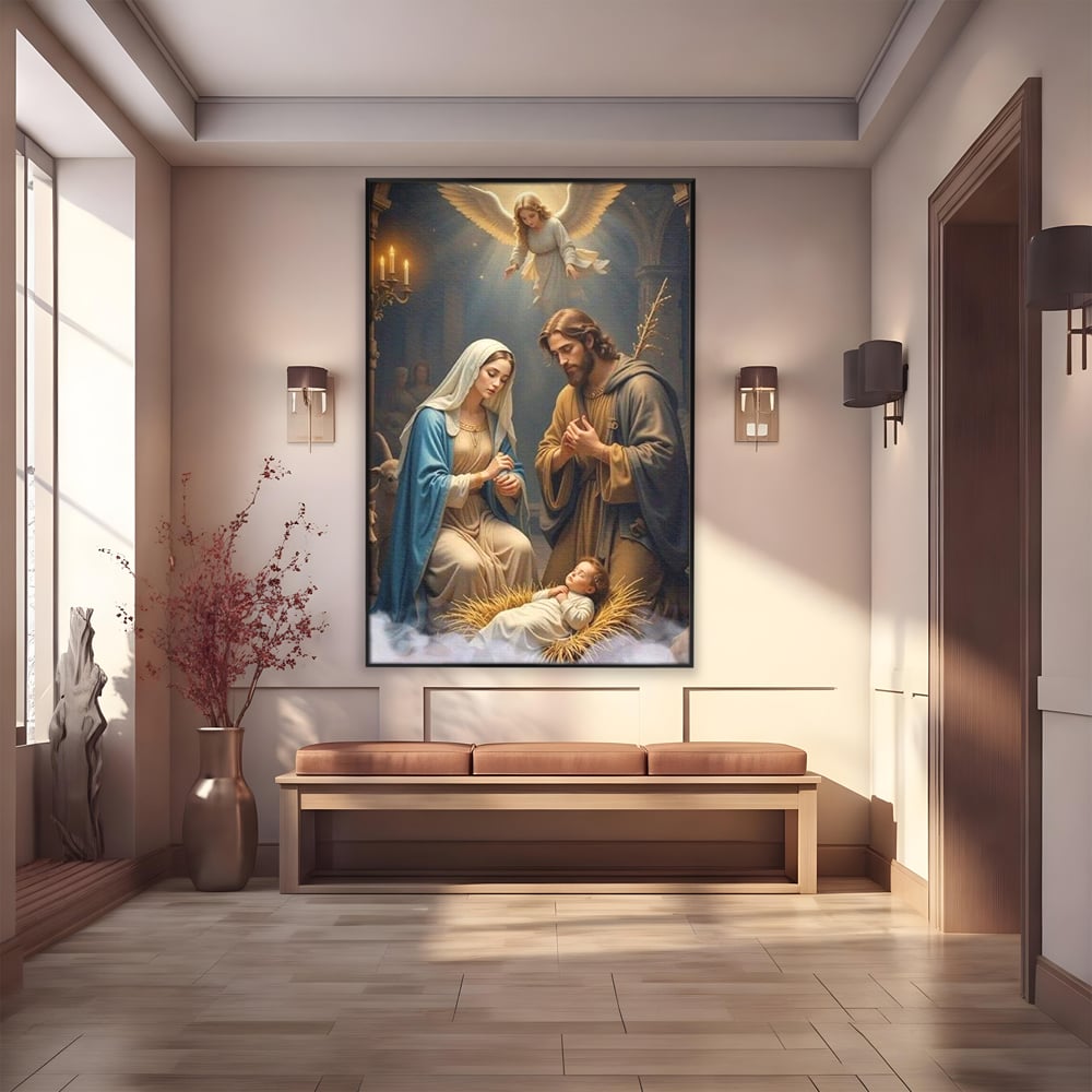 Tablou Canvas Premium, LuxCanva® D1112, Sfanta Familie, Liniste, Nastere, Betleem, Miracol, Craciun, Mantuitor, Isus, Inger, Fecioara, Maria, Iosif, Leagan, Prunc, Credinta, Har, Living, Dormitor