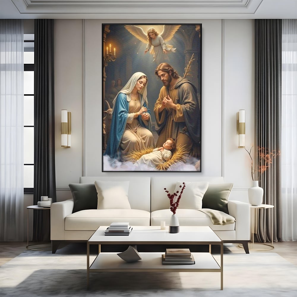 Tablou Canvas Premium, LuxCanva® D1112, Sfanta Familie, Liniste, Nastere, Betleem, Miracol, Craciun, Mantuitor, Isus, Inger, Fecioara, Maria, Iosif, Leagan, Prunc, Credinta, Har, Living, Dormitor
