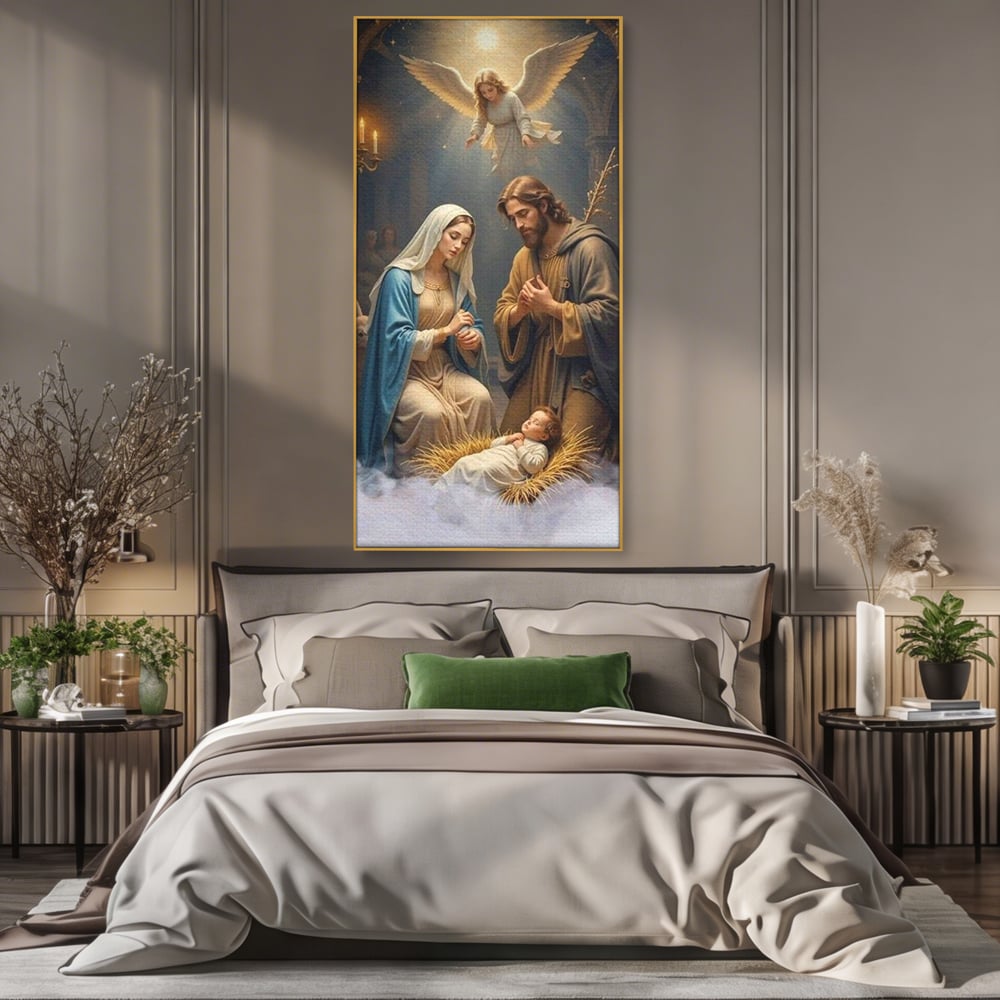 Tablou Canvas Premium, LuxCanva® D1112, Sfanta Familie, Liniste, Nastere, Betleem, Miracol, Craciun, Mantuitor, Isus, Inger, Fecioara, Maria, Iosif, Leagan, Prunc, Credinta, Har, Living, Dormitor
