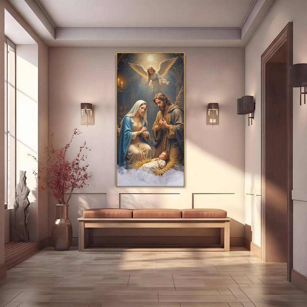 Tablou Canvas Premium, LuxCanva® D1112, Sfanta Familie, Liniste, Nastere, Betleem, Miracol, Craciun, Mantuitor, Isus, Inger, Fecioara, Maria, Iosif, Leagan, Prunc, Credinta, Har, Living, Dormitor