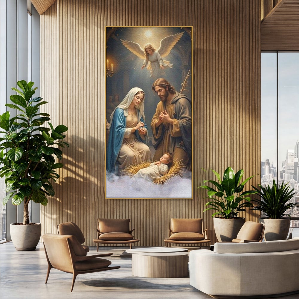 Tablou Canvas Premium, LuxCanva® D1112, Sfanta Familie, Liniste, Nastere, Betleem, Miracol, Craciun, Mantuitor, Isus, Inger, Fecioara, Maria, Iosif, Leagan, Prunc, Credinta, Har, Living, Dormitor