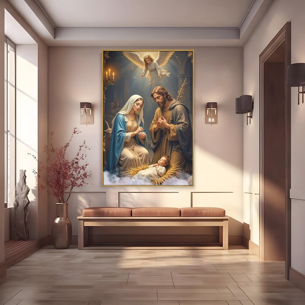Tablou Canvas Premium, LuxCanva® D1112, Sfanta Familie, Liniste, Nastere, Betleem, Miracol, Craciun, Mantuitor, Isus, Inger, Fecioara, Maria, Iosif, Leagan, Prunc, Credinta, Har, Living, Dormitor