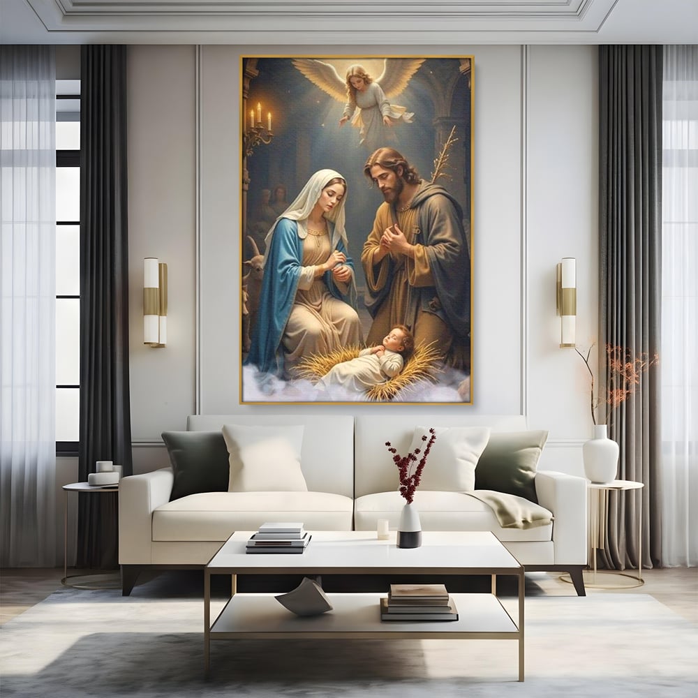 Tablou Canvas Premium, LuxCanva® D1112, Sfanta Familie, Liniste, Nastere, Betleem, Miracol, Craciun, Mantuitor, Isus, Inger, Fecioara, Maria, Iosif, Leagan, Prunc, Credinta, Har, Living, Dormitor