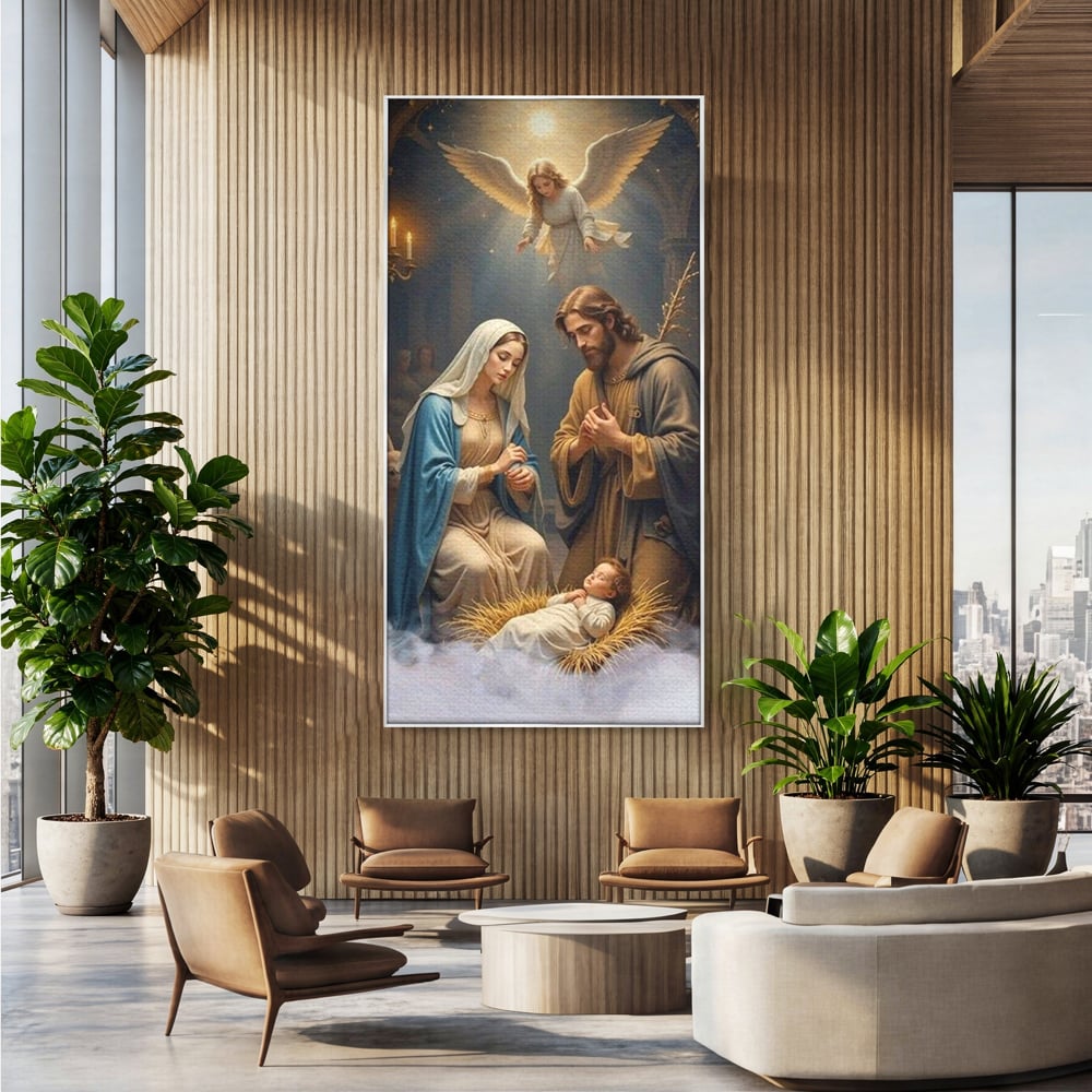 Tablou Canvas Premium, LuxCanva® D1112, Sfanta Familie, Liniste, Nastere, Betleem, Miracol, Craciun, Mantuitor, Isus, Inger, Fecioara, Maria, Iosif, Leagan, Prunc, Credinta, Har, Living, Dormitor
