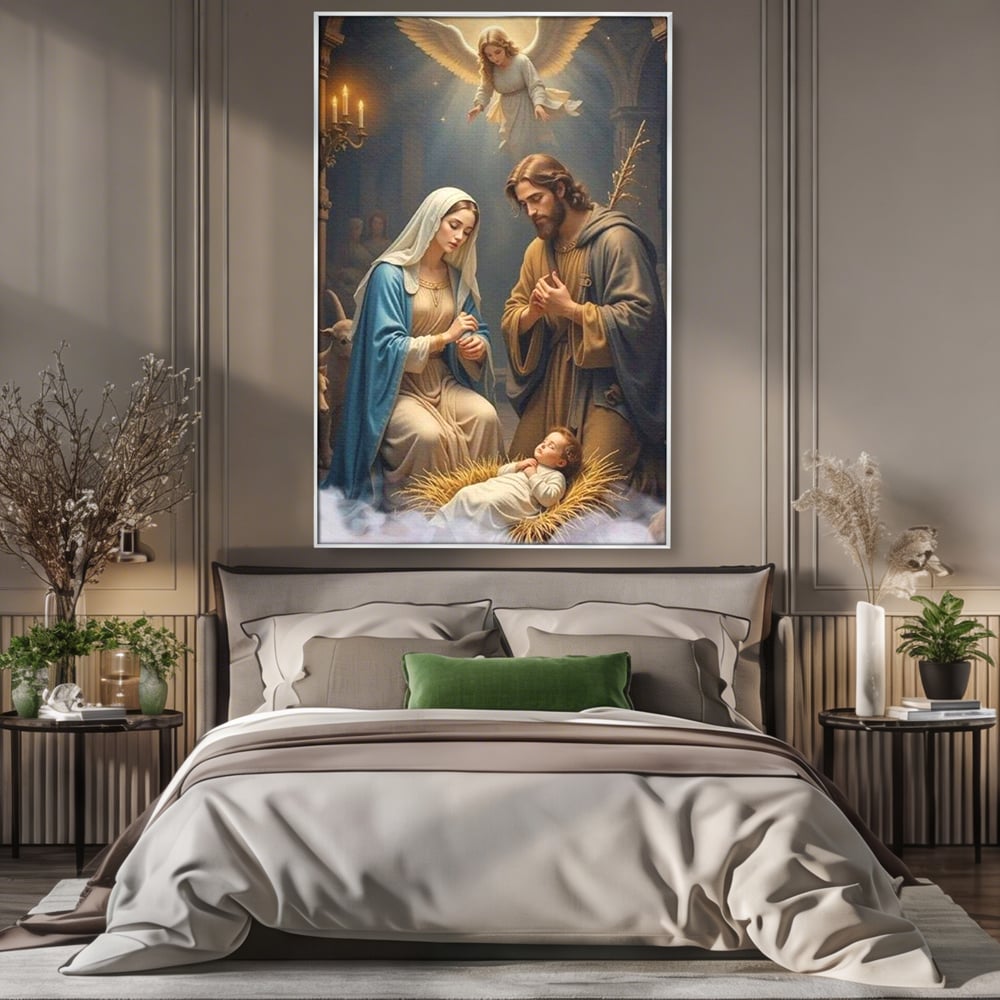 Tablou Canvas Premium, LuxCanva® D1112, Sfanta Familie, Liniste, Nastere, Betleem, Miracol, Craciun, Mantuitor, Isus, Inger, Fecioara, Maria, Iosif, Leagan, Prunc, Credinta, Har, Living, Dormitor