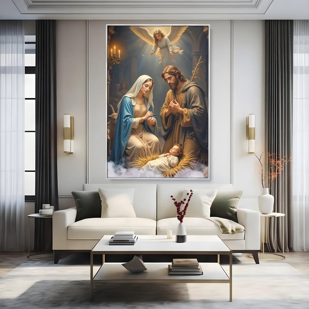 Tablou Canvas Premium, LuxCanva® D1112, Sfanta Familie, Liniste, Nastere, Betleem, Miracol, Craciun, Mantuitor, Isus, Inger, Fecioara, Maria, Iosif, Leagan, Prunc, Credinta, Har, Living, Dormitor