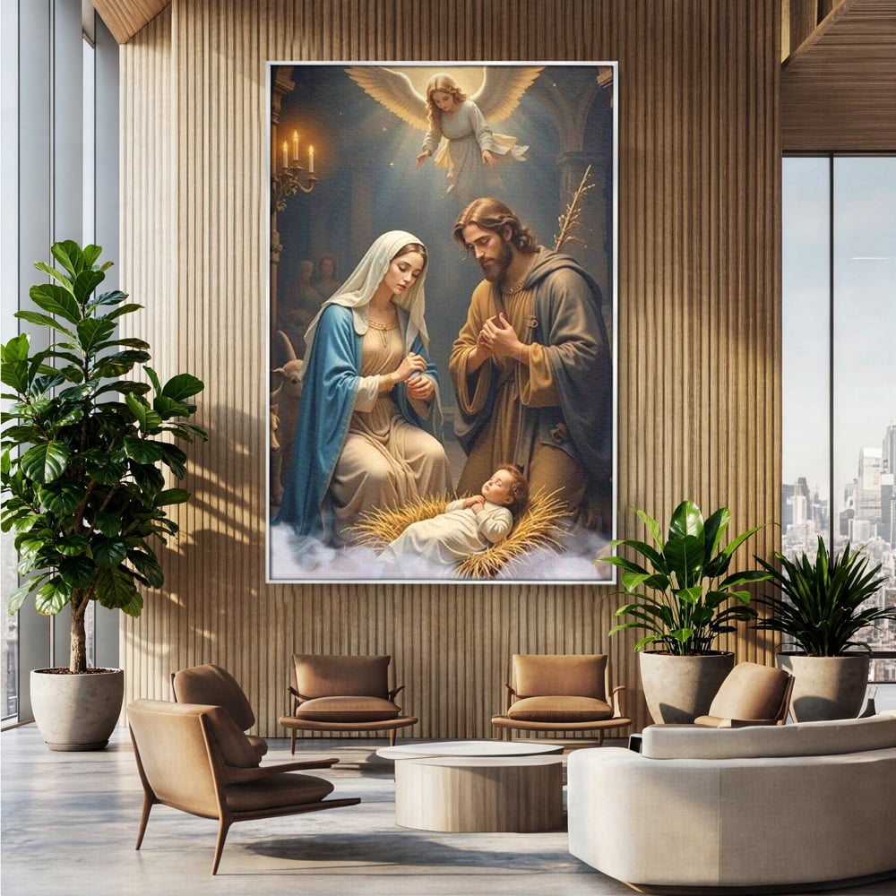 Tablou Canvas Premium, LuxCanva® D1112, Sfanta Familie, Liniste, Nastere, Betleem, Miracol, Craciun, Mantuitor, Isus, Inger, Fecioara, Maria, Iosif, Leagan, Prunc, Credinta, Har, Living, Dormitor