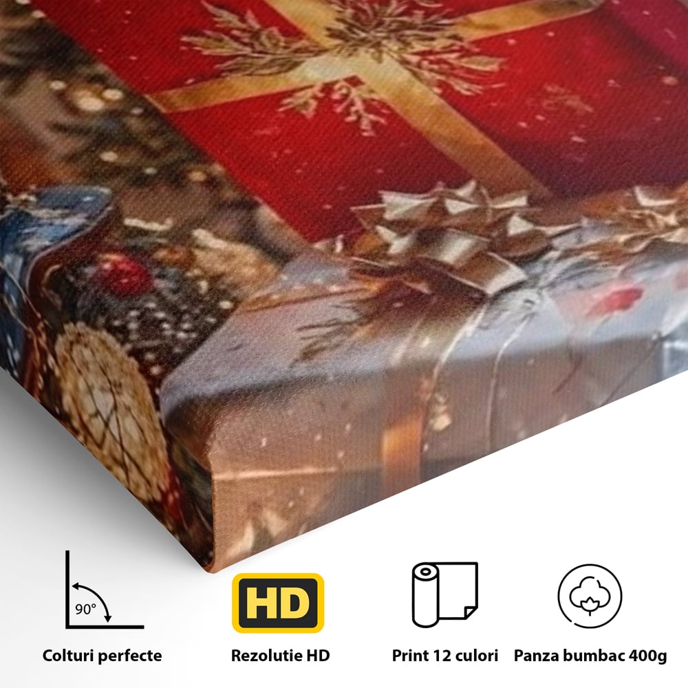 Leinwandbilder Premium, LuxCanva® D1115, Unter dem geschmückten Weihnachtsbaum, Schachteln, Schleifen, Spielzeug, Nacht, Heiligabend, Erwartung, Glitzern, Bänder, Golden, Kamin, Feuer, Verpackung, Bunt, Emotional, Wohnen, Schlafzimmer