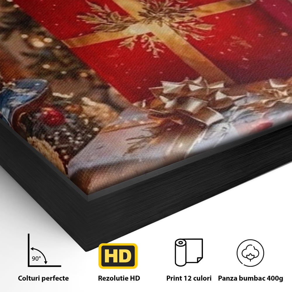 Leinwandbilder Premium, LuxCanva® D1115, Unter dem geschmückten Weihnachtsbaum, Schachteln, Schleifen, Spielzeug, Nacht, Heiligabend, Erwartung, Glitzern, Bänder, Golden, Kamin, Feuer, Verpackung, Bunt, Emotional, Wohnen, Schlafzimmer
