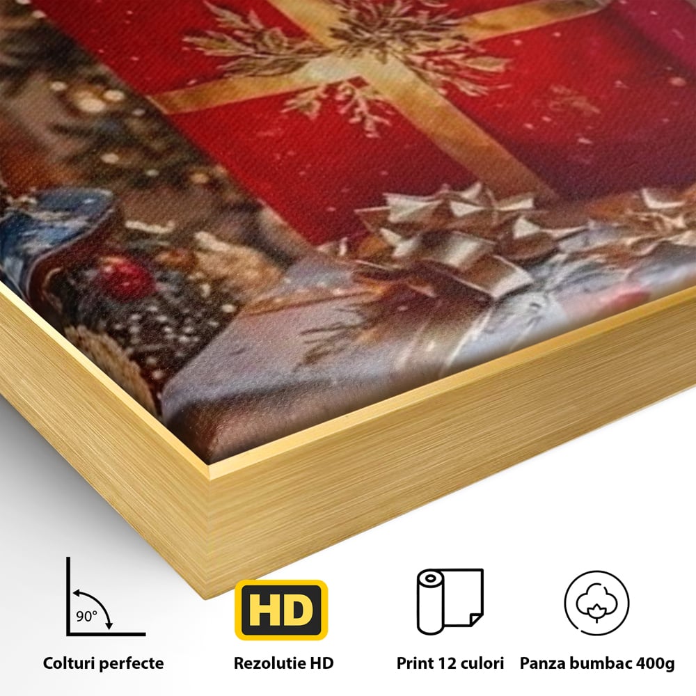 Leinwandbilder Premium, LuxCanva® D1115, Unter dem geschmückten Weihnachtsbaum, Schachteln, Schleifen, Spielzeug, Nacht, Heiligabend, Erwartung, Glitzern, Bänder, Golden, Kamin, Feuer, Verpackung, Bunt, Emotional, Wohnen, Schlafzimmer