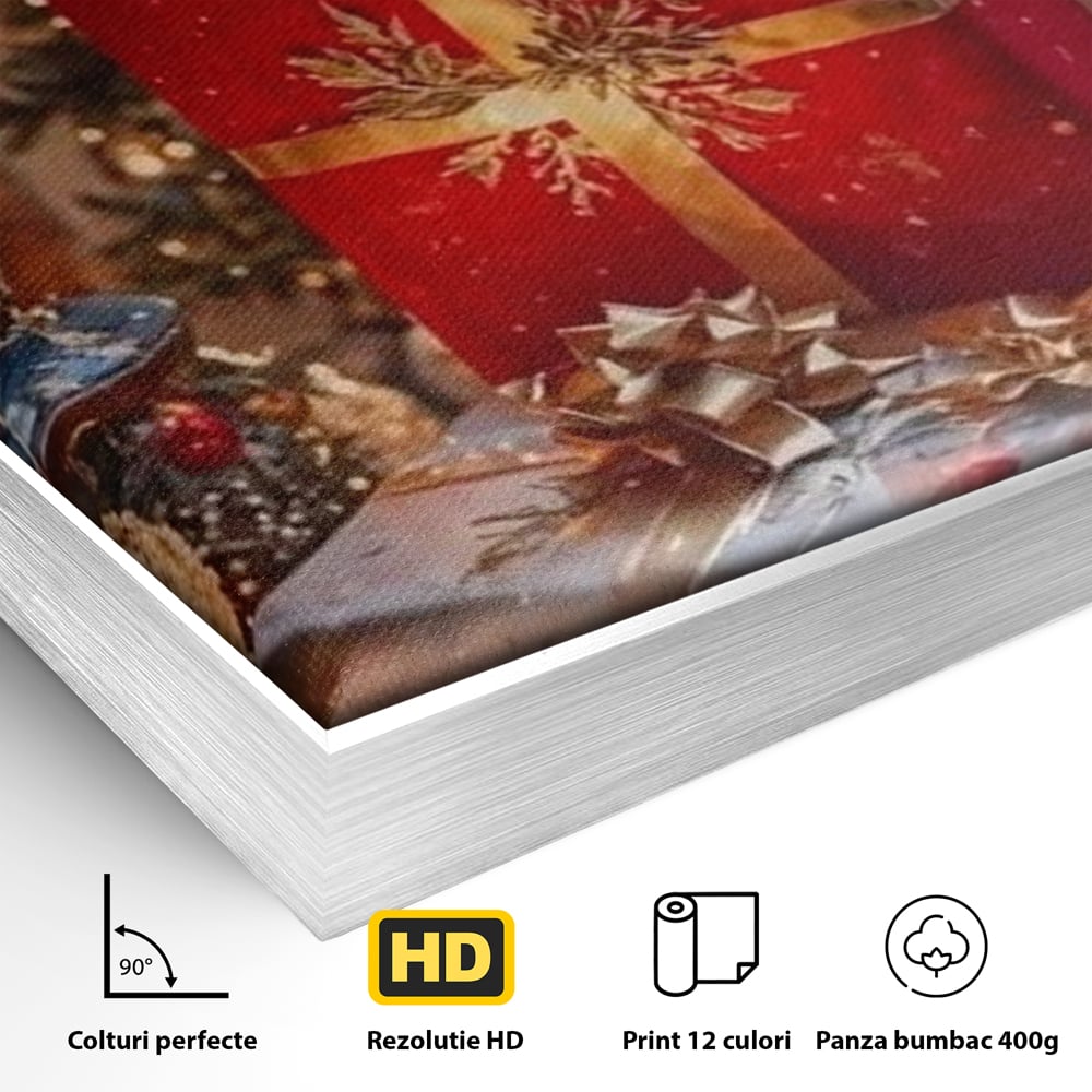 Leinwandbilder Premium, LuxCanva® D1115, Unter dem geschmückten Weihnachtsbaum, Schachteln, Schleifen, Spielzeug, Nacht, Heiligabend, Erwartung, Glitzern, Bänder, Golden, Kamin, Feuer, Verpackung, Bunt, Emotional, Wohnen, Schlafzimmer