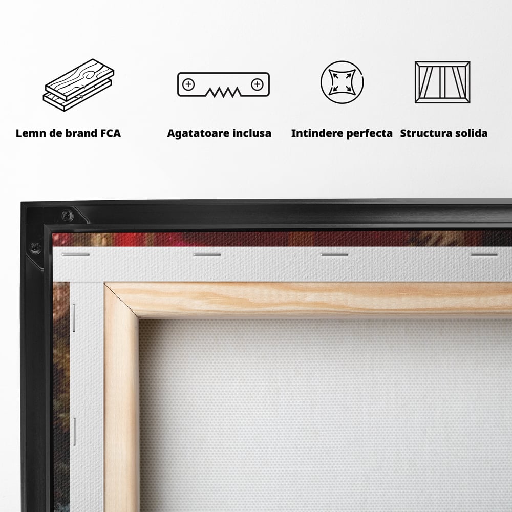 Leinwandbilder Premium, LuxCanva® D1115, Unter dem geschmückten Weihnachtsbaum, Schachteln, Schleifen, Spielzeug, Nacht, Heiligabend, Erwartung, Glitzern, Bänder, Golden, Kamin, Feuer, Verpackung, Bunt, Emotional, Wohnen, Schlafzimmer