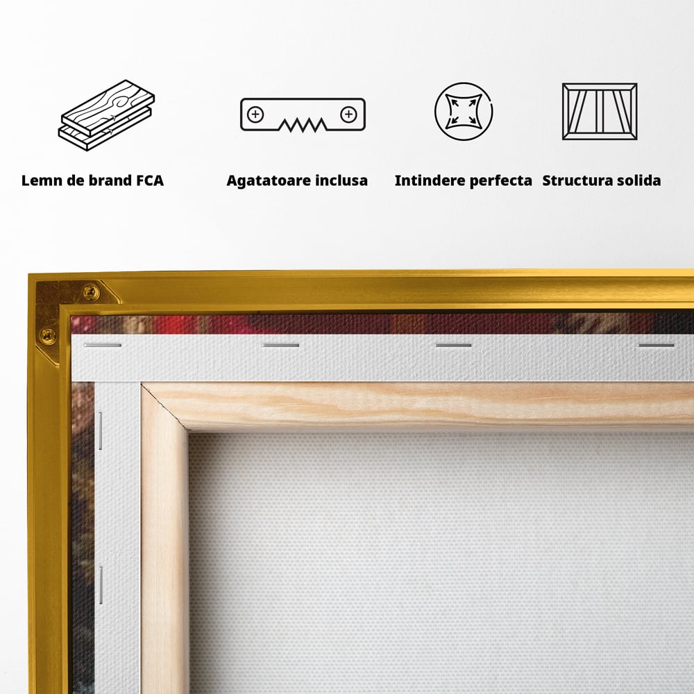 Leinwandbilder Premium, LuxCanva® D1115, Unter dem geschmückten Weihnachtsbaum, Schachteln, Schleifen, Spielzeug, Nacht, Heiligabend, Erwartung, Glitzern, Bänder, Golden, Kamin, Feuer, Verpackung, Bunt, Emotional, Wohnen, Schlafzimmer