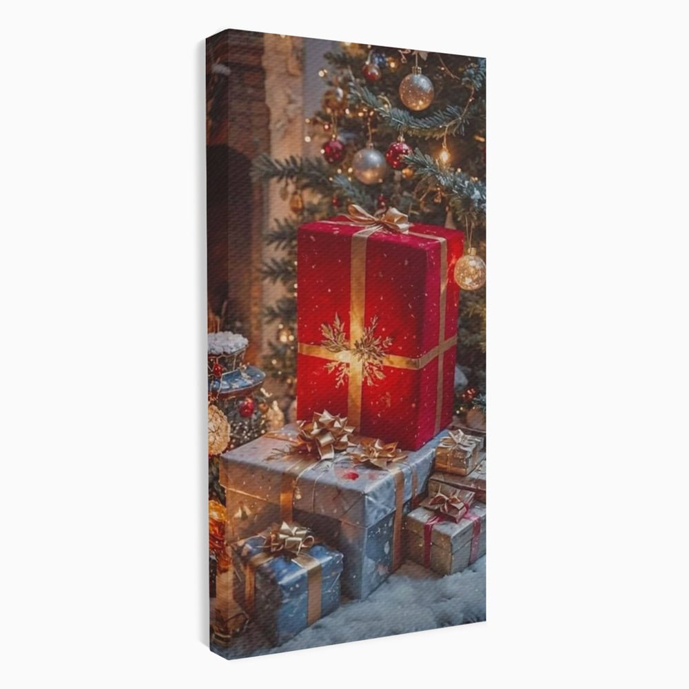 Leinwandbilder Premium, LuxCanva® D1115, Unter dem geschmückten Weihnachtsbaum, Schachteln, Schleifen, Spielzeug, Nacht, Heiligabend, Erwartung, Glitzern, Bänder, Golden, Kamin, Feuer, Verpackung, Bunt, Emotional, Wohnen, Schlafzimmer