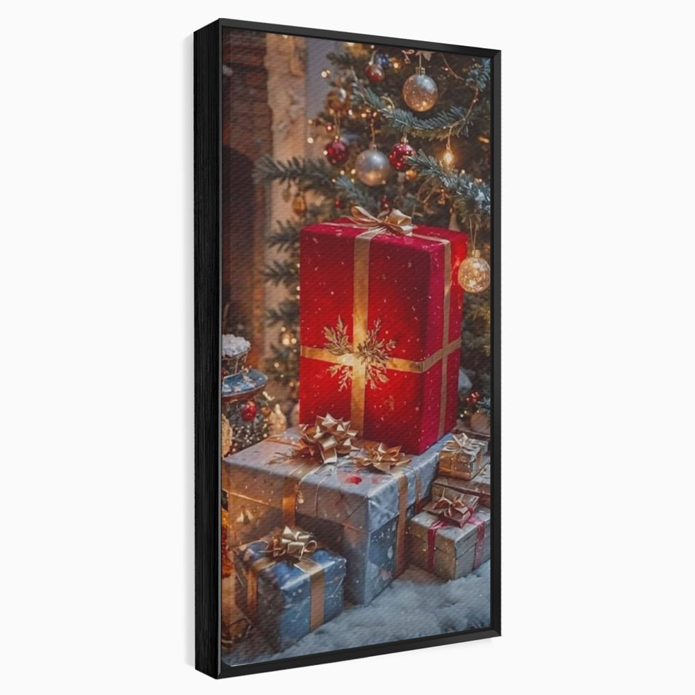Leinwandbilder Premium, LuxCanva® D1115, Unter dem geschmückten Weihnachtsbaum, Schachteln, Schleifen, Spielzeug, Nacht, Heiligabend, Erwartung, Glitzern, Bänder, Golden, Kamin, Feuer, Verpackung, Bunt, Emotional, Wohnen, Schlafzimmer