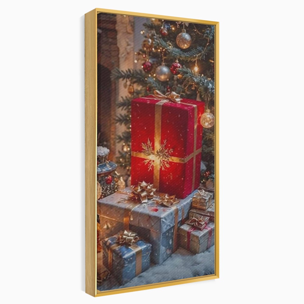 Leinwandbilder Premium, LuxCanva® D1115, Unter dem geschmückten Weihnachtsbaum, Schachteln, Schleifen, Spielzeug, Nacht, Heiligabend, Erwartung, Glitzern, Bänder, Golden, Kamin, Feuer, Verpackung, Bunt, Emotional, Wohnen, Schlafzimmer