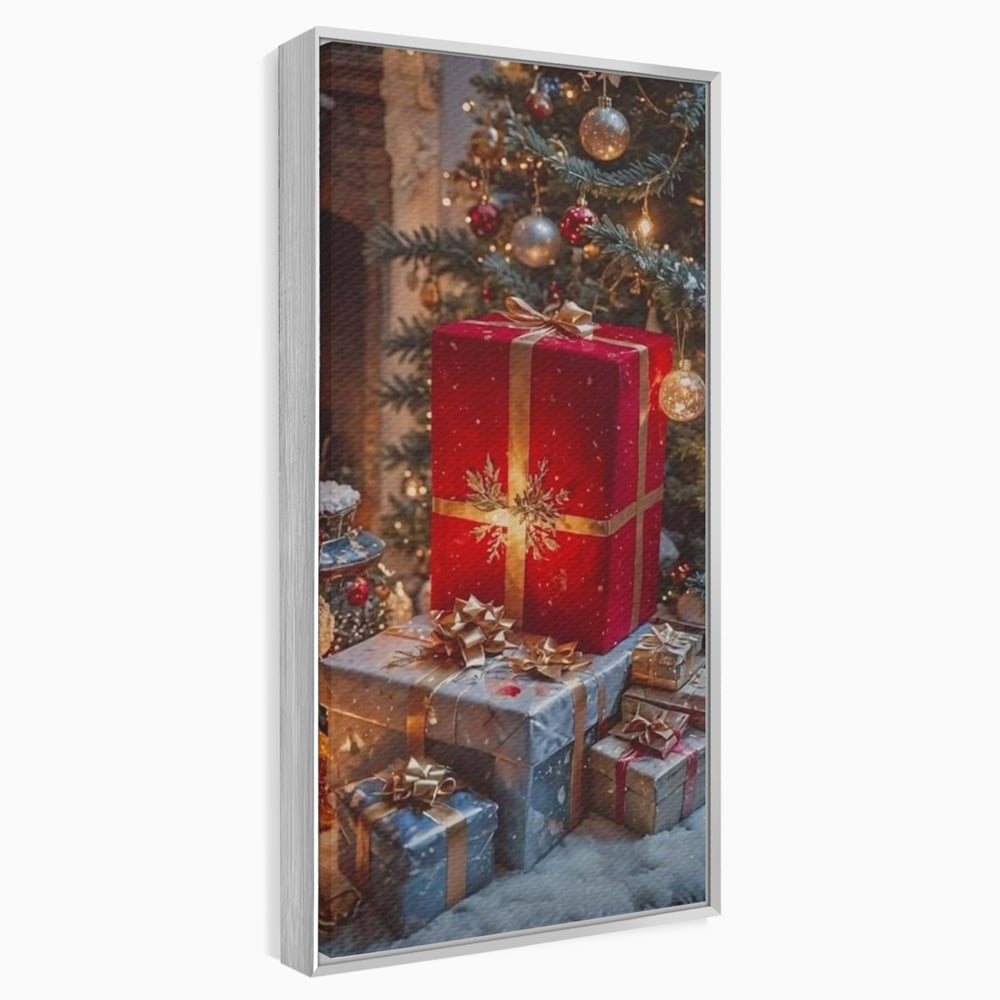 Leinwandbilder Premium, LuxCanva® D1115, Unter dem geschmückten Weihnachtsbaum, Schachteln, Schleifen, Spielzeug, Nacht, Heiligabend, Erwartung, Glitzern, Bänder, Golden, Kamin, Feuer, Verpackung, Bunt, Emotional, Wohnen, Schlafzimmer