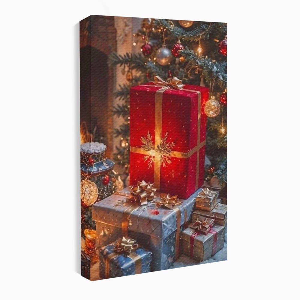 Leinwandbilder Premium, LuxCanva® D1115, Unter dem geschmückten Weihnachtsbaum, Schachteln, Schleifen, Spielzeug, Nacht, Heiligabend, Erwartung, Glitzern, Bänder, Golden, Kamin, Feuer, Verpackung, Bunt, Emotional, Wohnen, Schlafzimmer