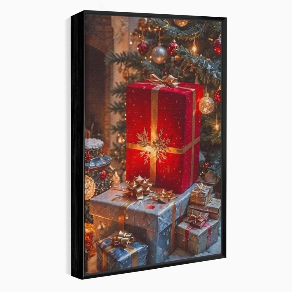 Leinwandbilder Premium, LuxCanva® D1115, Unter dem geschmückten Weihnachtsbaum, Schachteln, Schleifen, Spielzeug, Nacht, Heiligabend, Erwartung, Glitzern, Bänder, Golden, Kamin, Feuer, Verpackung, Bunt, Emotional, Wohnen, Schlafzimmer