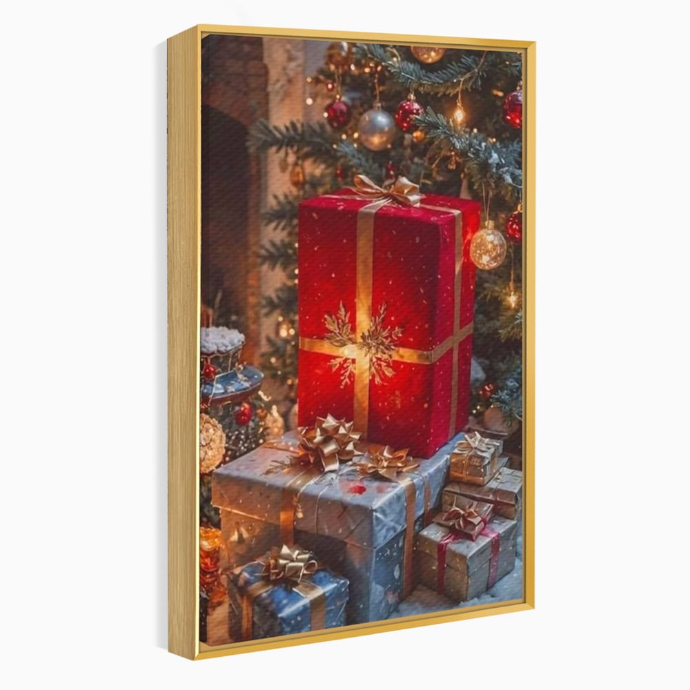 Leinwandbilder Premium, LuxCanva® D1115, Unter dem geschmückten Weihnachtsbaum, Schachteln, Schleifen, Spielzeug, Nacht, Heiligabend, Erwartung, Glitzern, Bänder, Golden, Kamin, Feuer, Verpackung, Bunt, Emotional, Wohnen, Schlafzimmer