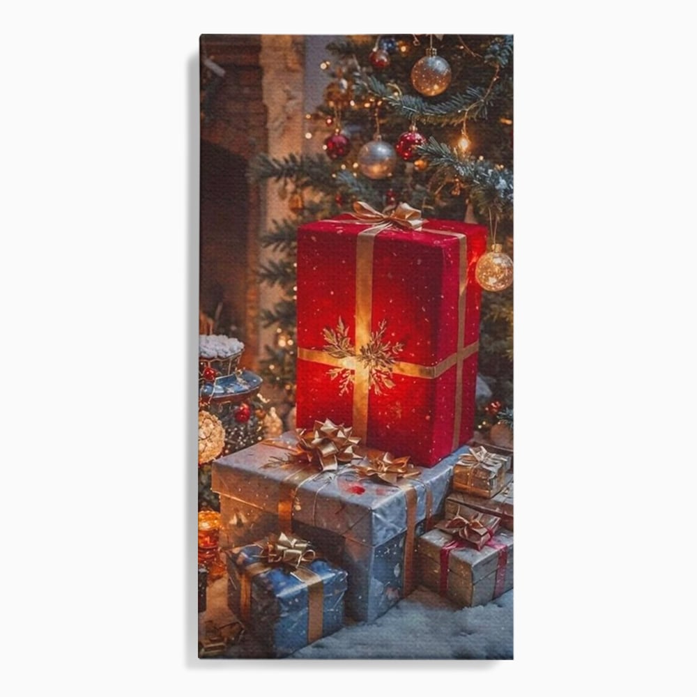 Leinwandbilder Premium, LuxCanva® D1115, Unter dem geschmückten Weihnachtsbaum, Schachteln, Schleifen, Spielzeug, Nacht, Heiligabend, Erwartung, Glitzern, Bänder, Golden, Kamin, Feuer, Verpackung, Bunt, Emotional, Wohnen, Schlafzimmer